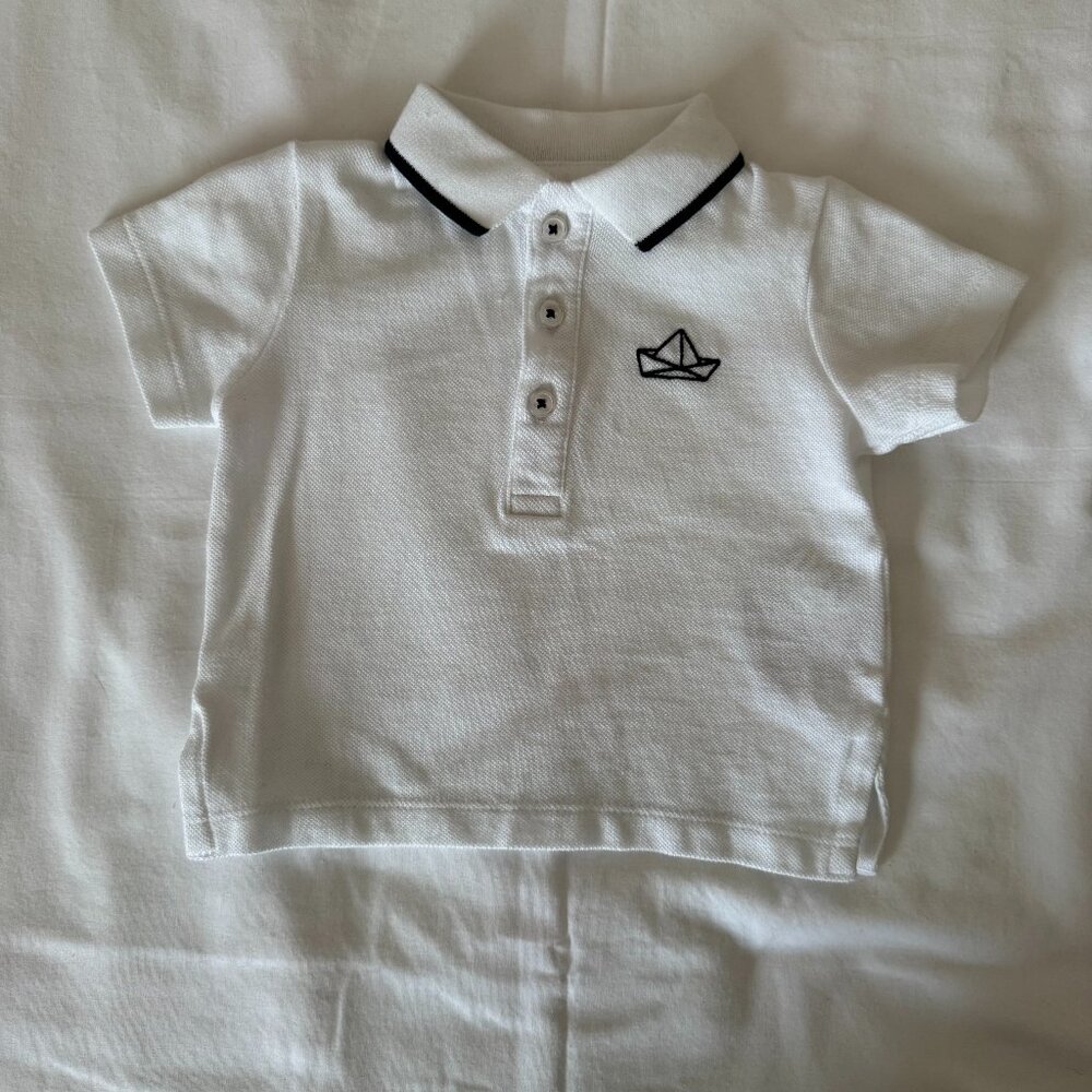 NWOT Bout'Chou 6 months short-sleeve button up polo white & navy